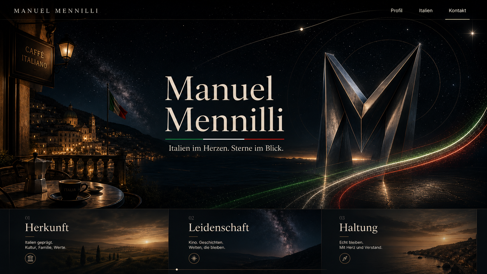 Manuel Mennilli Homepage mit italienischer Nachtterrasse, Sternenhimmel und grossem M