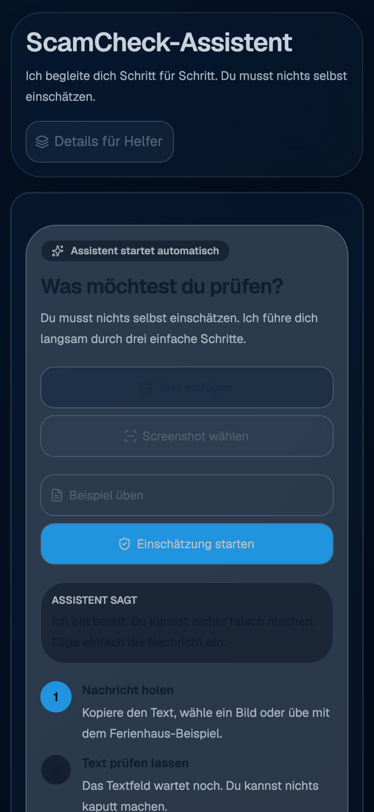 ScamCheck Assistent mit Auswahl für Text, Screenshot und Übungsbeispiel