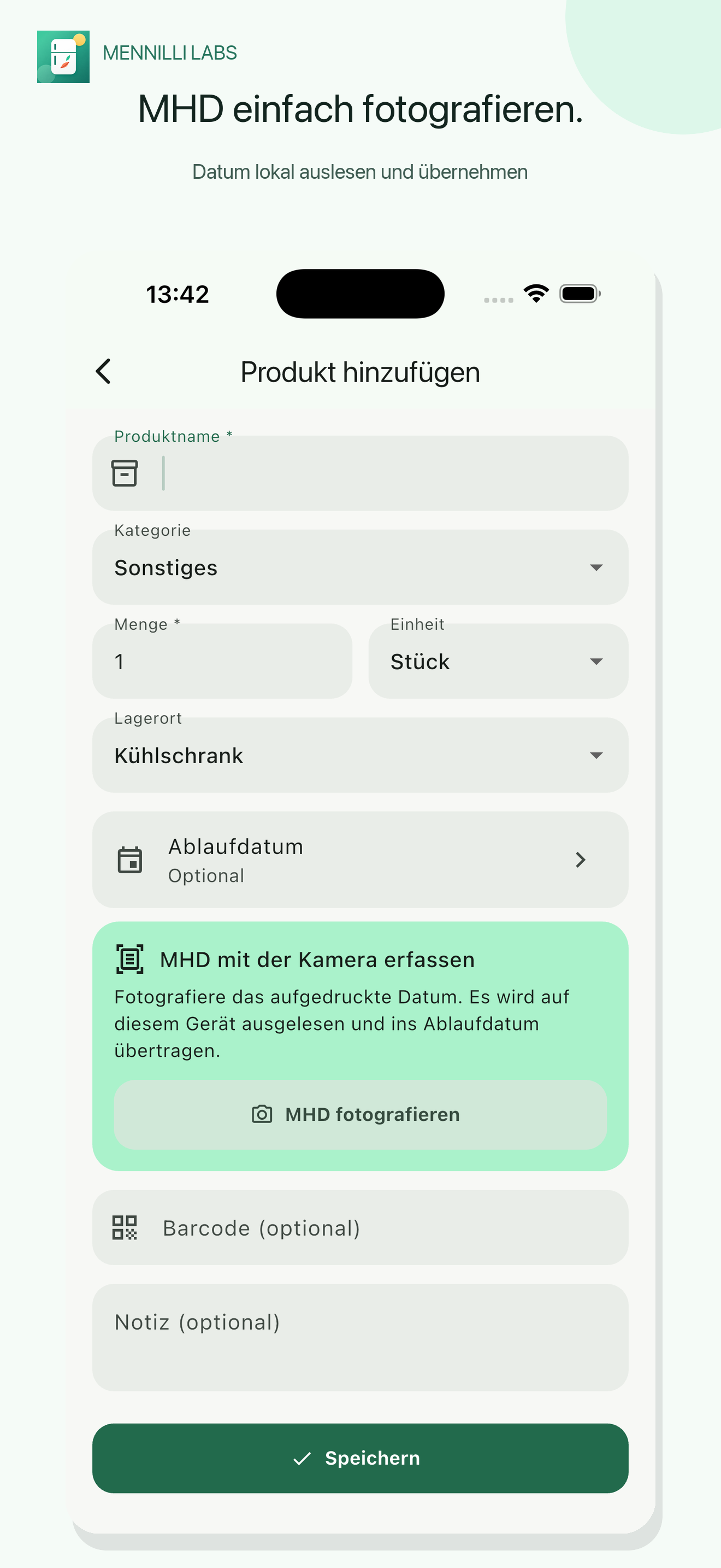 Produktformular mit MHD-Fotoerkennung