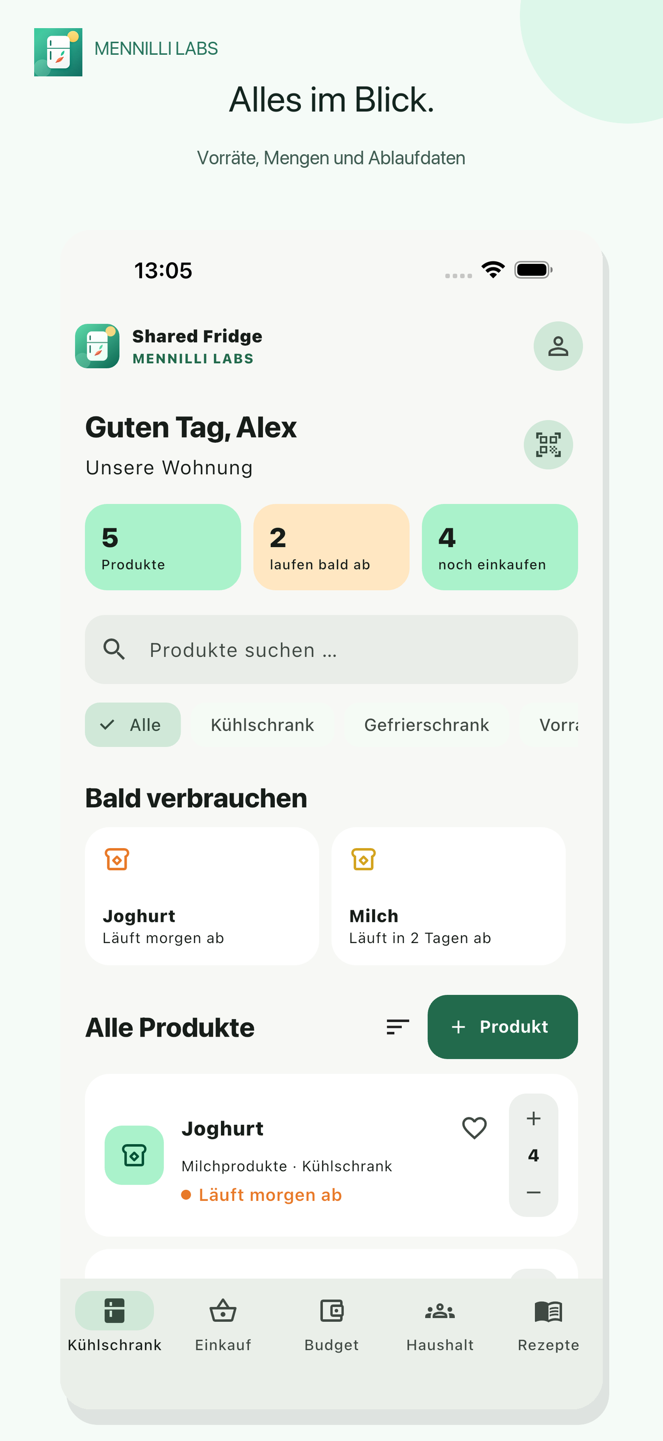 Shared Fridge Startansicht mit Vorräten und Ablaufhinweisen