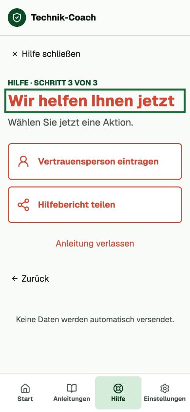 Hilfebereich mit wenigen sicheren Aktionen