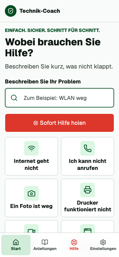Startansicht mit Problemsuche und Soforthilfe